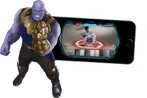 Thanos_with_ Infinity_ Gauntlet_and_ Smartphone_ Game PNG Image