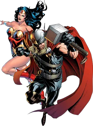 Thor_and_ Wonder_ Woman_ Crossover_ Art PNG Image