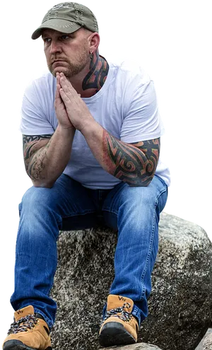 Thoughtful Man Sittingon Rock PNG Image