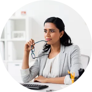 Thoughtful Professional Woman Office Setting PNG Image