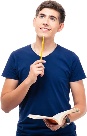 Thoughtful Studentwith Bookand Pencil PNG Image