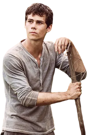 Thoughtful Young Man Leaningon Tool PNG Image