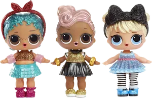 Three L O L Surprise Dollsin Sparkly Outfits PNG Image