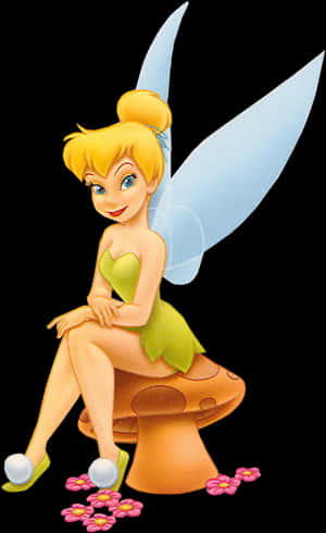 Tinkerbell Sittingon Mushroom PNG with transparent background
