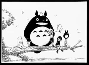 Totoroand Friends Sittingon Tree Branch PNG image with transparent background