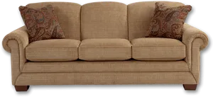 Traditional Beige Fabric Sofawith Pillows PNG Image