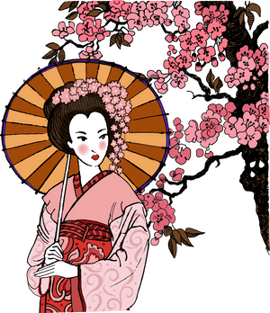 Traditional Geishawith Cherry Blossomsand Umbrella PNG with transparent background