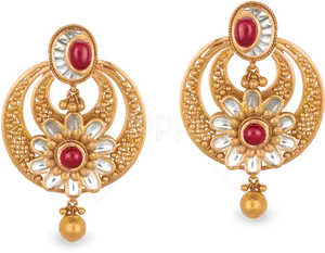 Traditional Gold Floral Earringswith Gemstones PNG Image