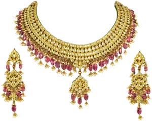 Traditional Gold Necklace Earrings Set PNG Image