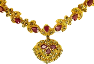 Traditional Gold Plated Necklacewith Red Gemstones PNG Image