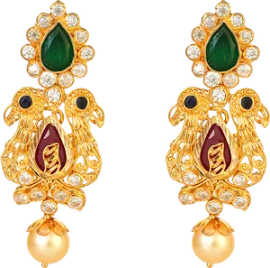 Traditional Gold Plated Peacock Earrings PNG Image