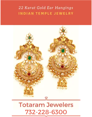 Traditional Gold Temple Jewelry Earrings PNG Image