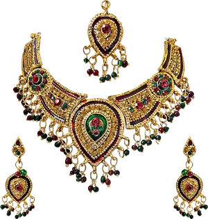 Traditional Indian Gold Necklace Earrings Set PNG Image