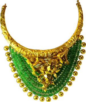 Traditional Indian Gold Necklace With Green Beads PNG Image