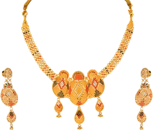 Traditional Indian Gold Necklaceand Earrings Set PNG Image