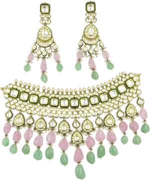 Traditional Indian Pearl Gemstone Necklace Earrings Set PNG Image