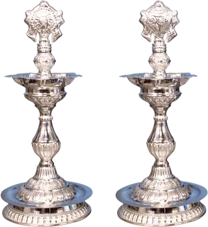 Traditional Indian Silver Vilakku Pair PNG Image