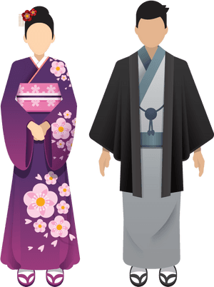Traditional Japanese Kimono Couple Illustration PNG image with transparent background