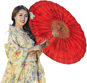 Traditional Japanese Kimonoand Red Umbrella PNG image with transparent background