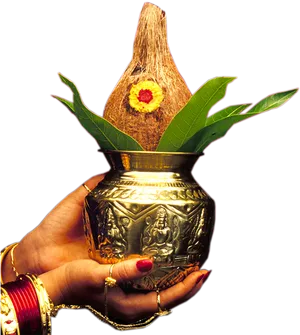 Traditional Kalashwith Coconutand Leaves PNG Image