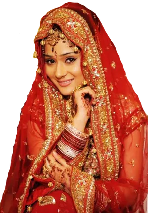 Traditional Red Bridal Saree Model PNG Image