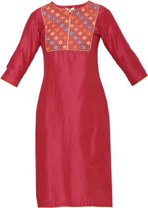 Traditional Red Kurtawith Floral Embroidery PNG Image