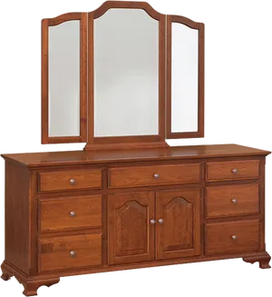 Traditional Wooden Dresserwith Triple Mirror PNG Image