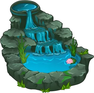 Tranquil Cartoon Waterfall Pond PNG Image