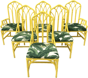 Tropical Banana Leaf Print Bamboo Rattan Dining Chairs - Banana Leaf Upholstery, HD Png Download PNG image with transparent background