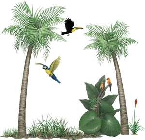 Tropical_ Birds_ Amidst_ Palm_ Trees PNG Image