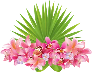 Tropical Orchidsand Palm Leaves PNG Image