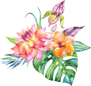 Tropical Watercolor Floral Arrangement PNG Image