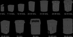 Various Trash Cans Size Comparison PNG image with transparent background