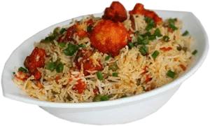 Veg Biryani Dishwith Fried Balls PNG Image