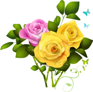 Vibrant_ Pink_and_ Yellow_ Roses_ Artwork PNG Image