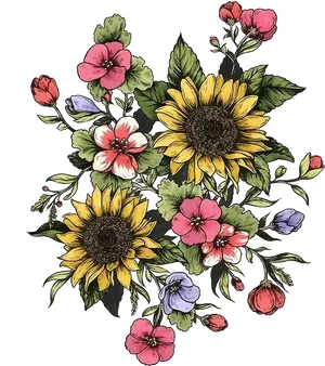 Vibrant Sunflower Bouquet Illustration PNG Image