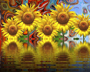 Vibrant_ Sunflowers_with_ Psychedelic_ Background_and_ Reflection.jpg PNG with transparent background