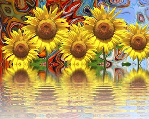 Vibrant_ Sunflowers_with_ Psychedelic_ Background_and_ Reflection.jpg PNG Image