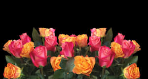 Vibrant Yellow Pink Roses Black Background.jpg PNG image with transparent background