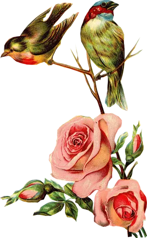 Vintage Birdsand Roses Illustration PNG Image