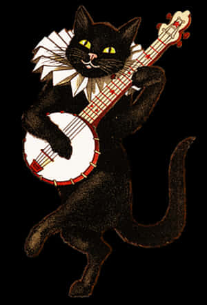 Vintage Black Cat Playing Banjo PNG with transparent background