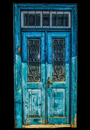 Vintage Blue Wooden Doorwith Ironwork PNG image with transparent background