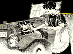 Vintage Car Illustrationwith Women PNG with transparent background