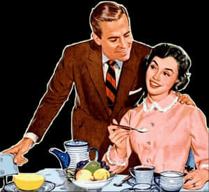 Vintage Couple Breakfast Illustration PNG with transparent background