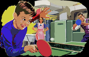 Vintage Family Playing Table Tennis PNG with transparent background