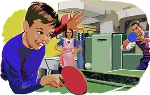 Vintage Family Playing Table Tennis PNG Image