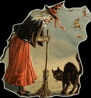 Vintage Halloween Witchand Black Cat PNG image with transparent background
