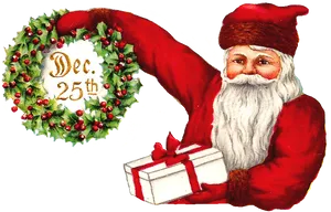 Vintage Santa Clauswith Wreathand Gift PNG Image