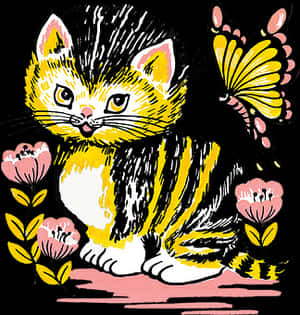 Vintage Style Catand Butterfly Illustration PNG image with transparent background