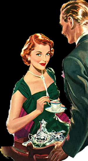 Vintage Tea Time Couple Illustration PNG with transparent background